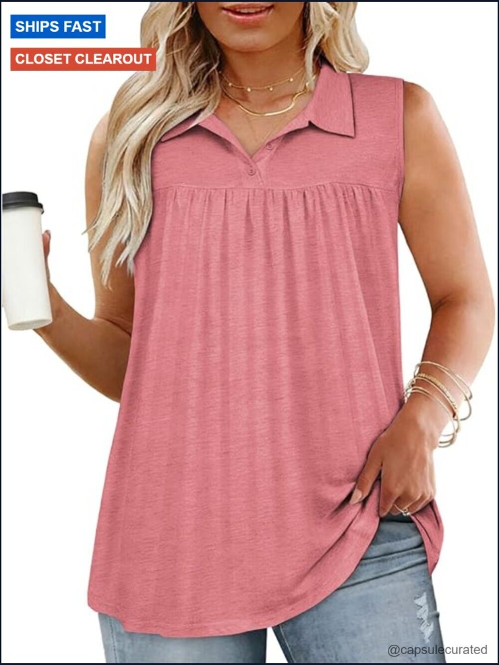 Plus Size Collared V Neck Sleeveless Tank Top Women Summer Polo Tunics Trendy